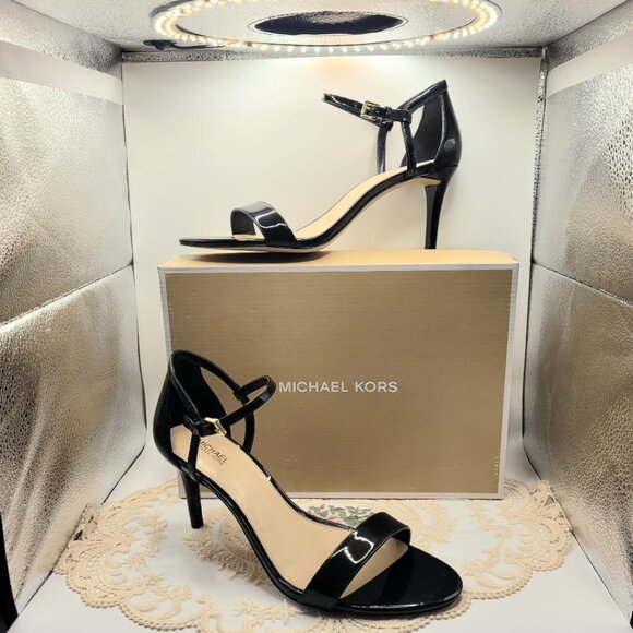 Michael Kors Simone Black Patent Leather Ankle Strap 9.5 Sandal Heels - Picture 1 of 4